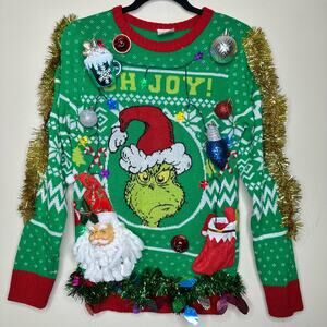 Ugly Christmas Sweater Grinch LIGHTS UP Tacky Tinsel Xmas Party Winner Small